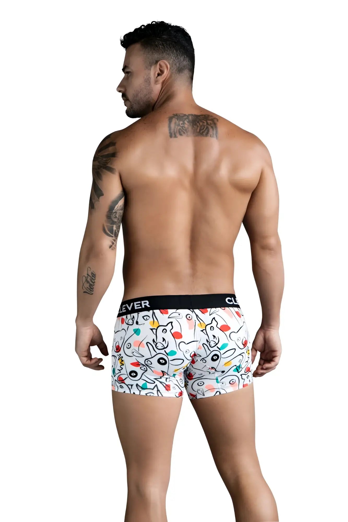 White boxer briefs clever 1725 grange trunks with colorful unicorn and balloon pattern and black branded waistband