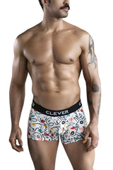 White clever 1725 grange trunks boxer briefs with colorful cartoon animal print and black branded elastic waistband