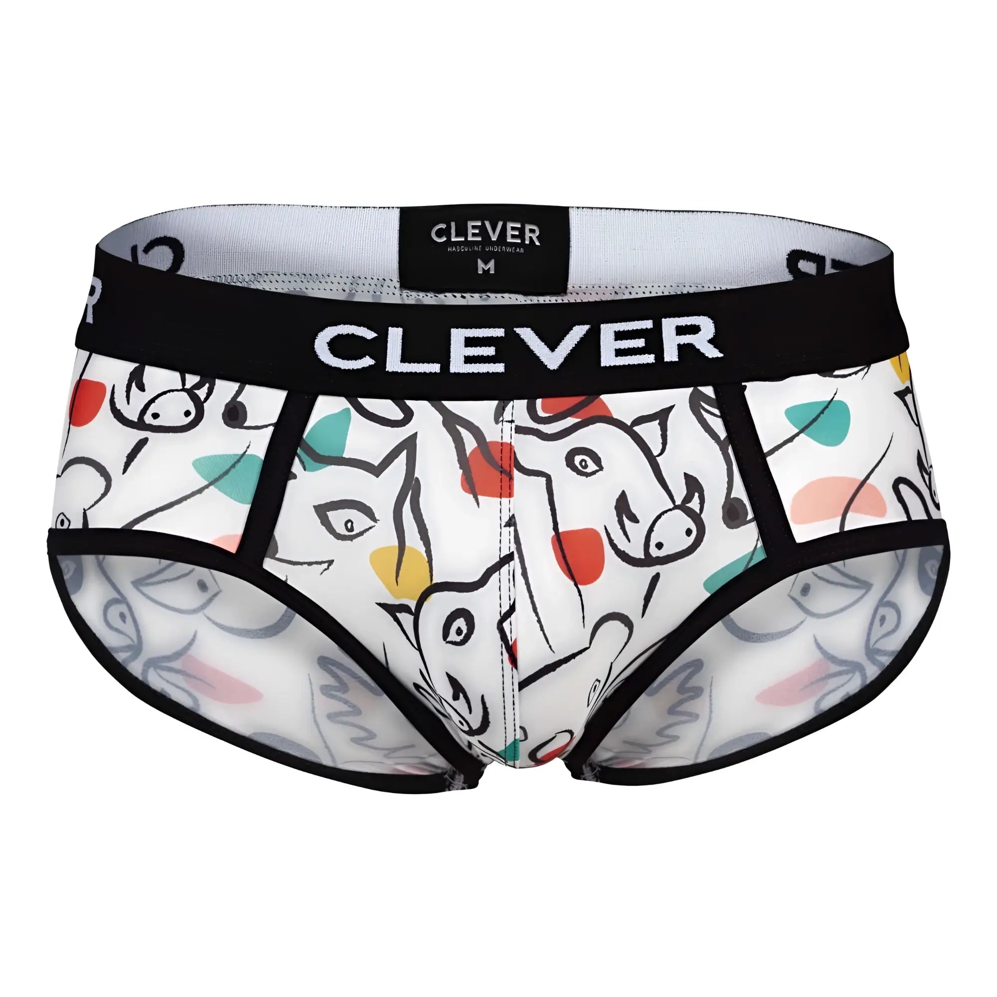 White clever 1726 grange briefs with playful black red yellow and teal cartoon animal pattern on waistband
