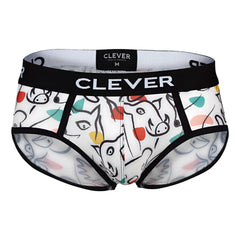 White clever 1726 grange briefs with playful black red yellow and teal cartoon animal pattern on waistband
