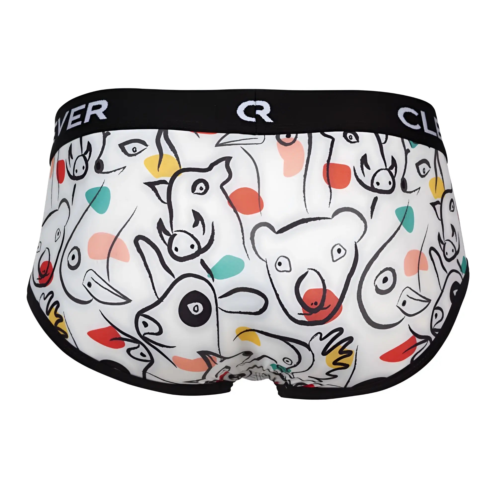 White clever 1726 grange briefs with black cartoon animal outlines and colorful polka dots featuring a black waistband