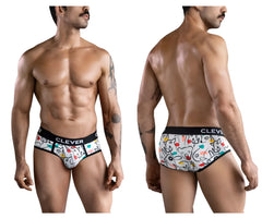 White clever 1726 grange briefs with playful cartoon animal pattern and black waistband for comfortable wear