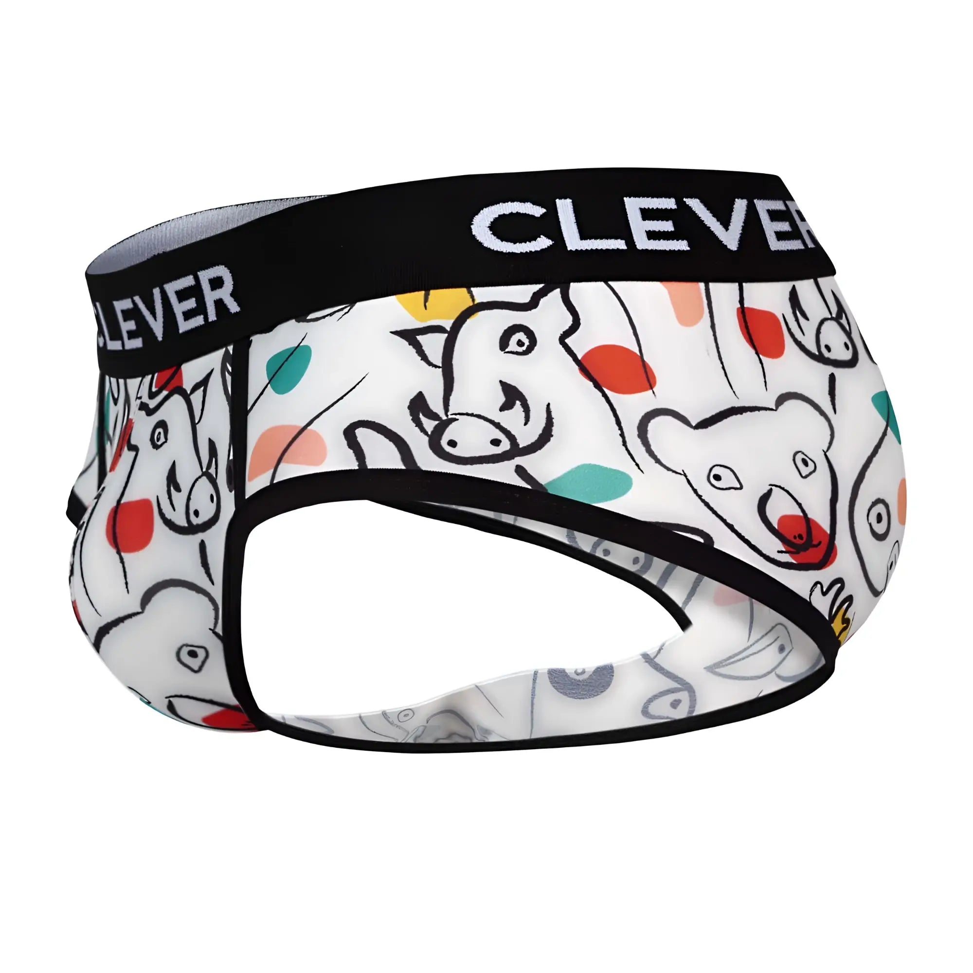 Clever 1726 grange briefs white with playful cartoon pigs koalas and creatures in black outlines and colorful dots