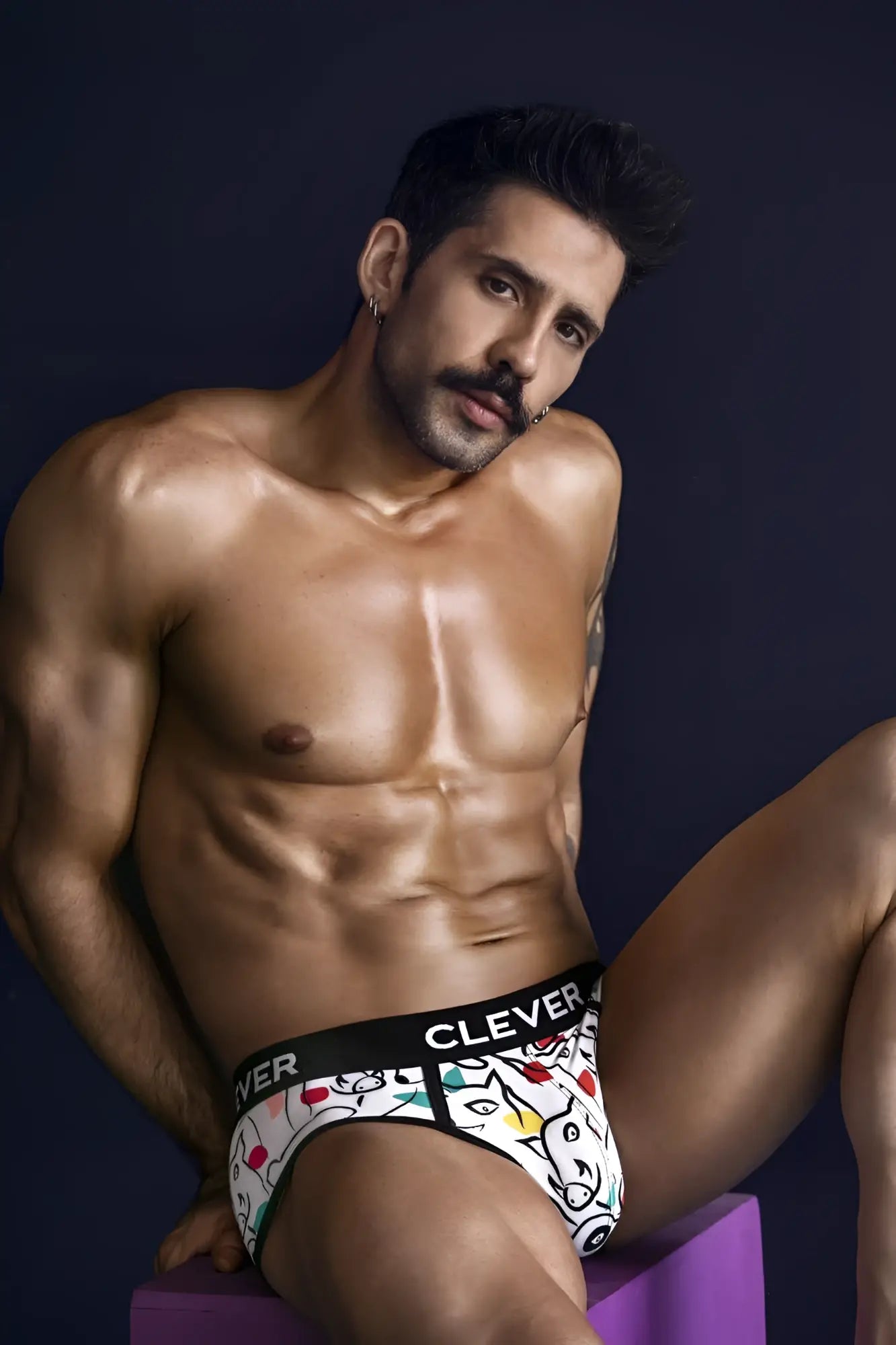 White clever 1726 grange briefs with playful cartoon cat and dice pattern and black clever waistband