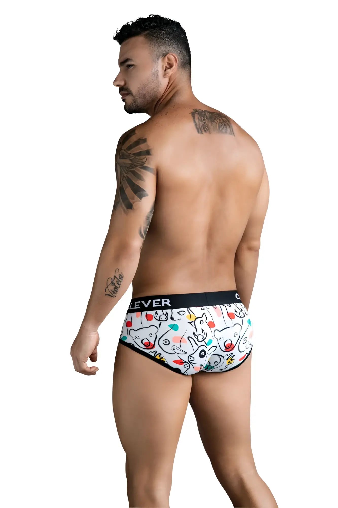Clever 1726 grange white briefs with playful cartoon bears and unicorns pattern in black red and blue outlines