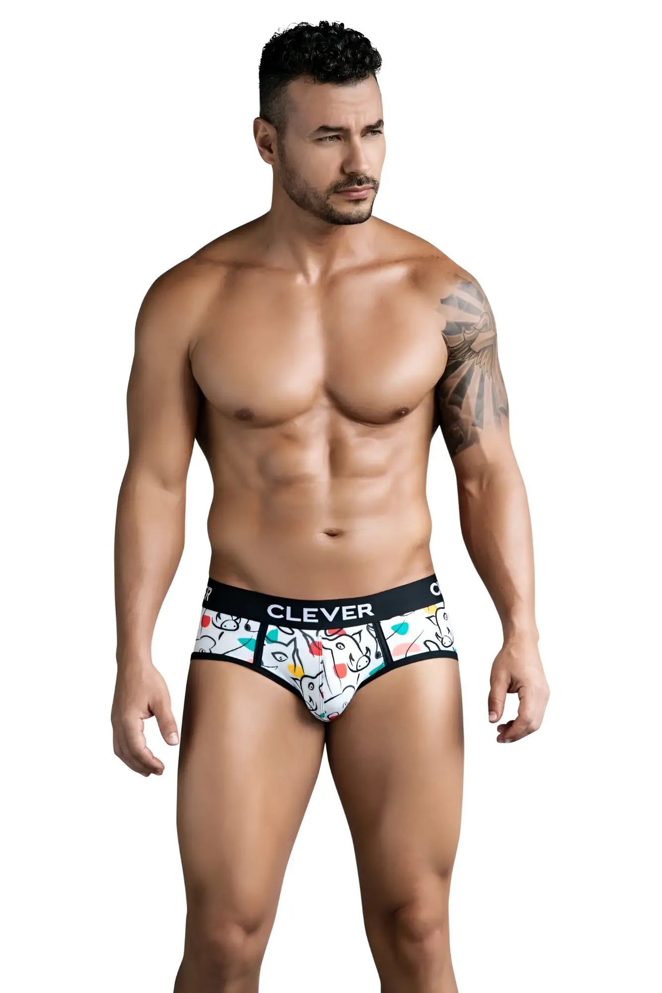 White clever 1726 grange briefs with colorful cartoon unicorns hearts and black branded waistband