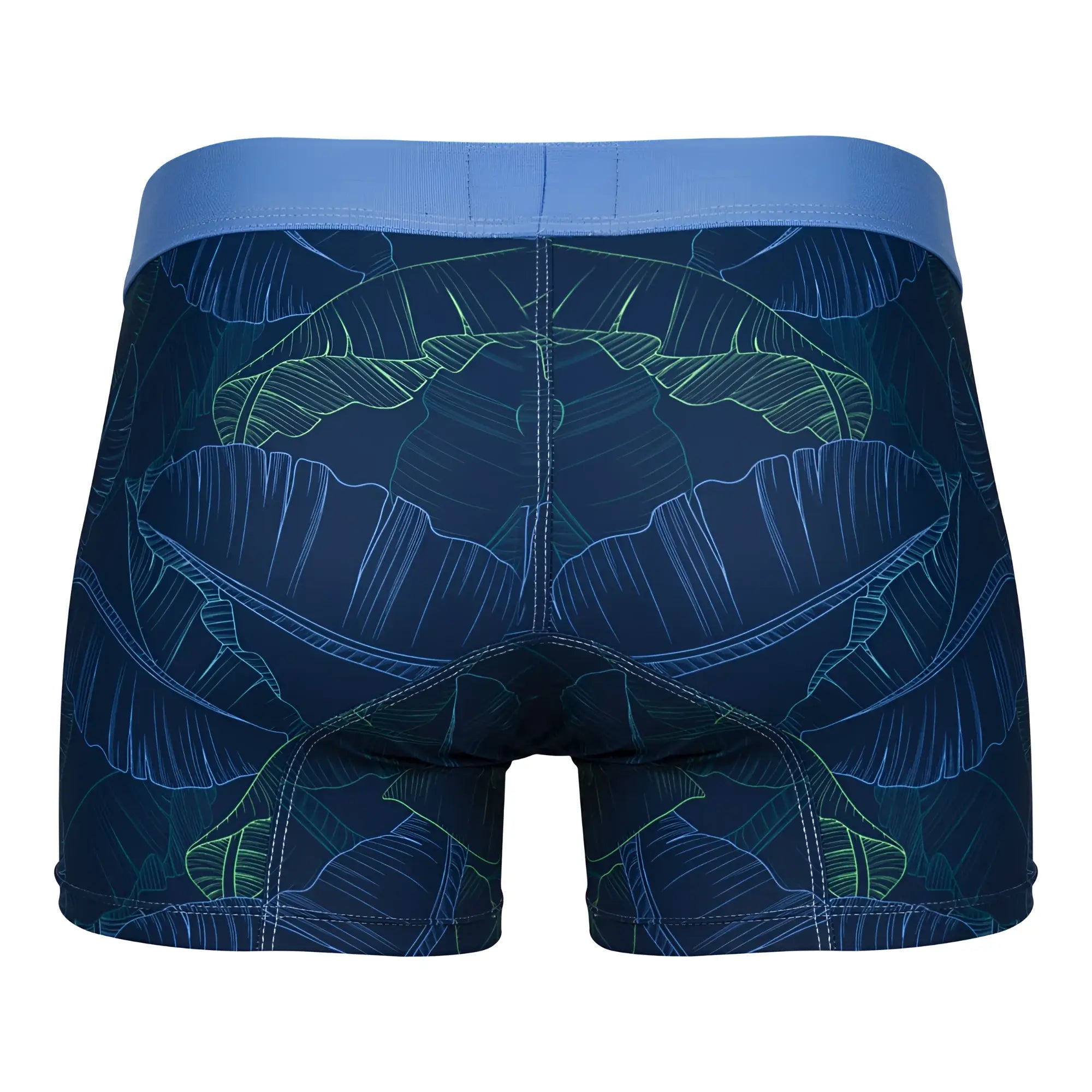 Dark blue clever 1727 shape trunks with glowing green and light blue tropical banana leaf pattern and royal blue waistband