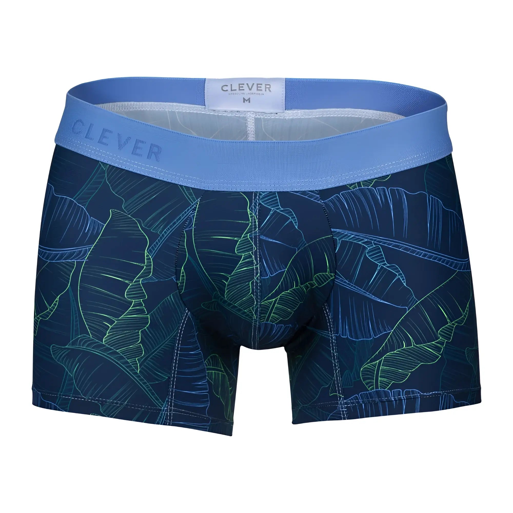 Clever 1727 shape trunks color dark blue featuring blue and green tropical leaf patterned boxer briefs front view