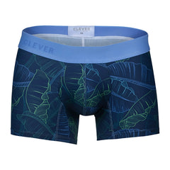 Clever 1727 shape trunks color dark blue featuring blue and green tropical leaf patterned boxer briefs front view