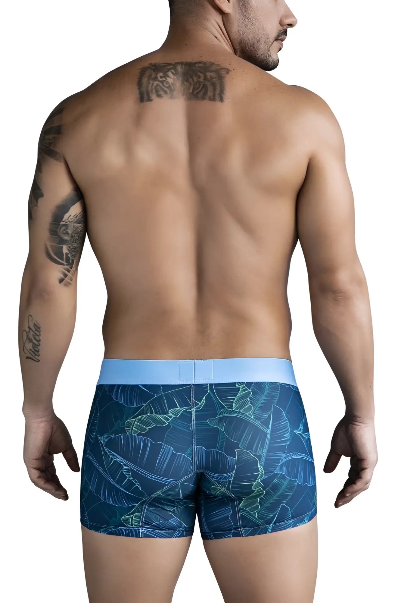 Blue tropical leaf-patterned Clever 1727 Shape Trunks boxer briefs with light blue waistband in dark blue color