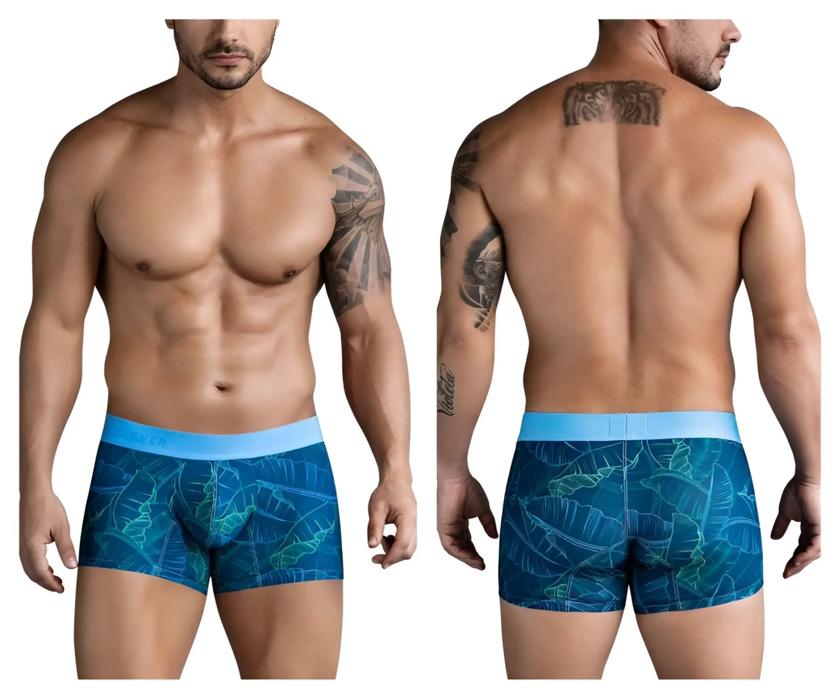 Blue tropical leaf-patterned men’s boxer briefs with light blue elastic waistband clever 1727 shape trunks dark blue