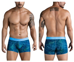 Blue tropical leaf-patterned men’s boxer briefs with light blue elastic waistband clever 1727 shape trunks dark blue