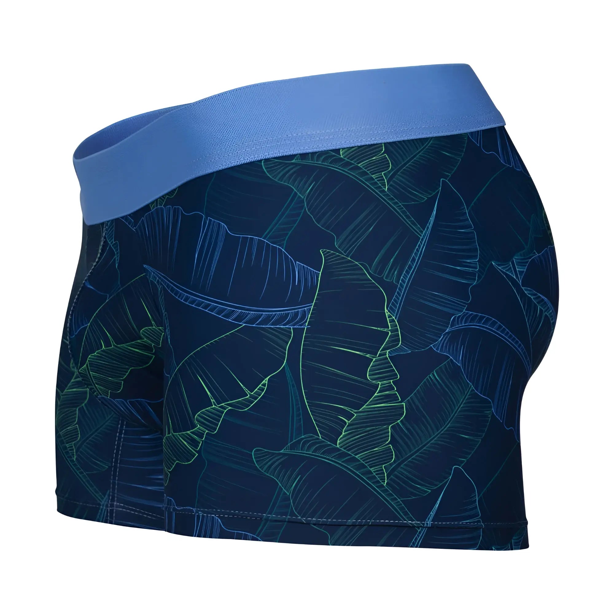 Clever 1727 shape trunks men’s boxer briefs in dark blue with blue waistband and teal tropical leaf pattern