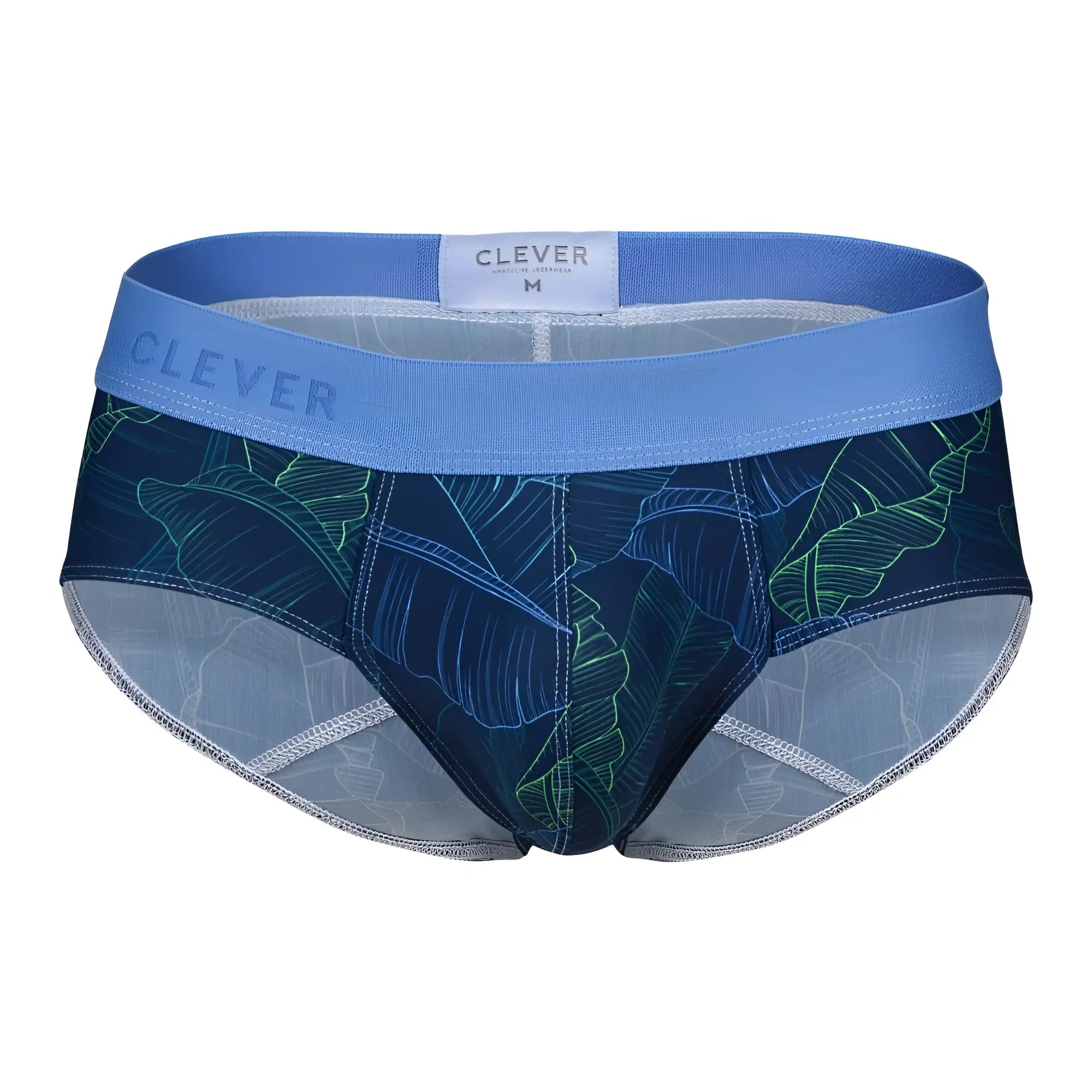 Men’s briefs by clever in blue and green tropical leaf pattern with dark blue color for shape and support