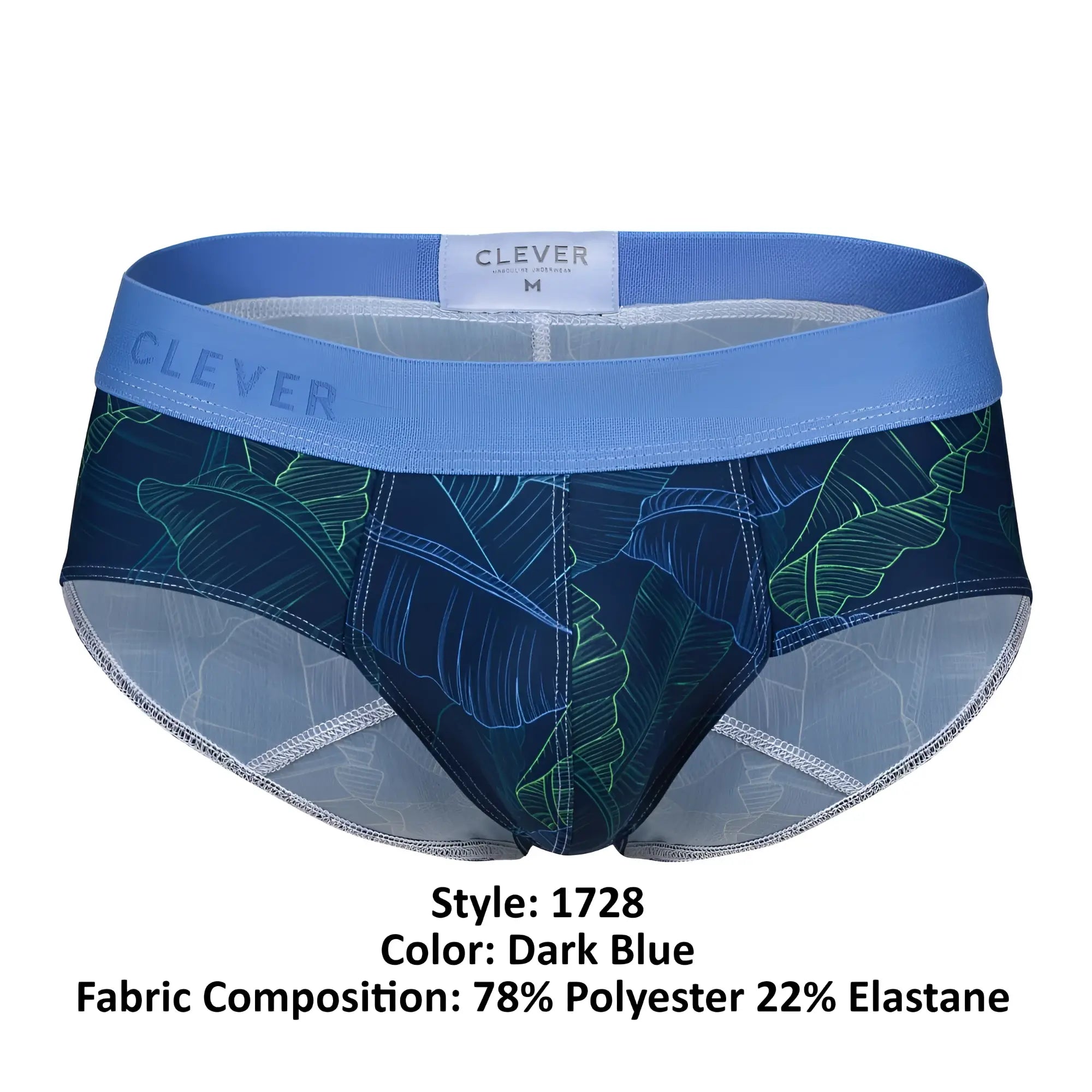 Clever 1728 shape briefs dark blue men’s briefs with tropical leaf pattern in polyester elastane blend and branded waistband