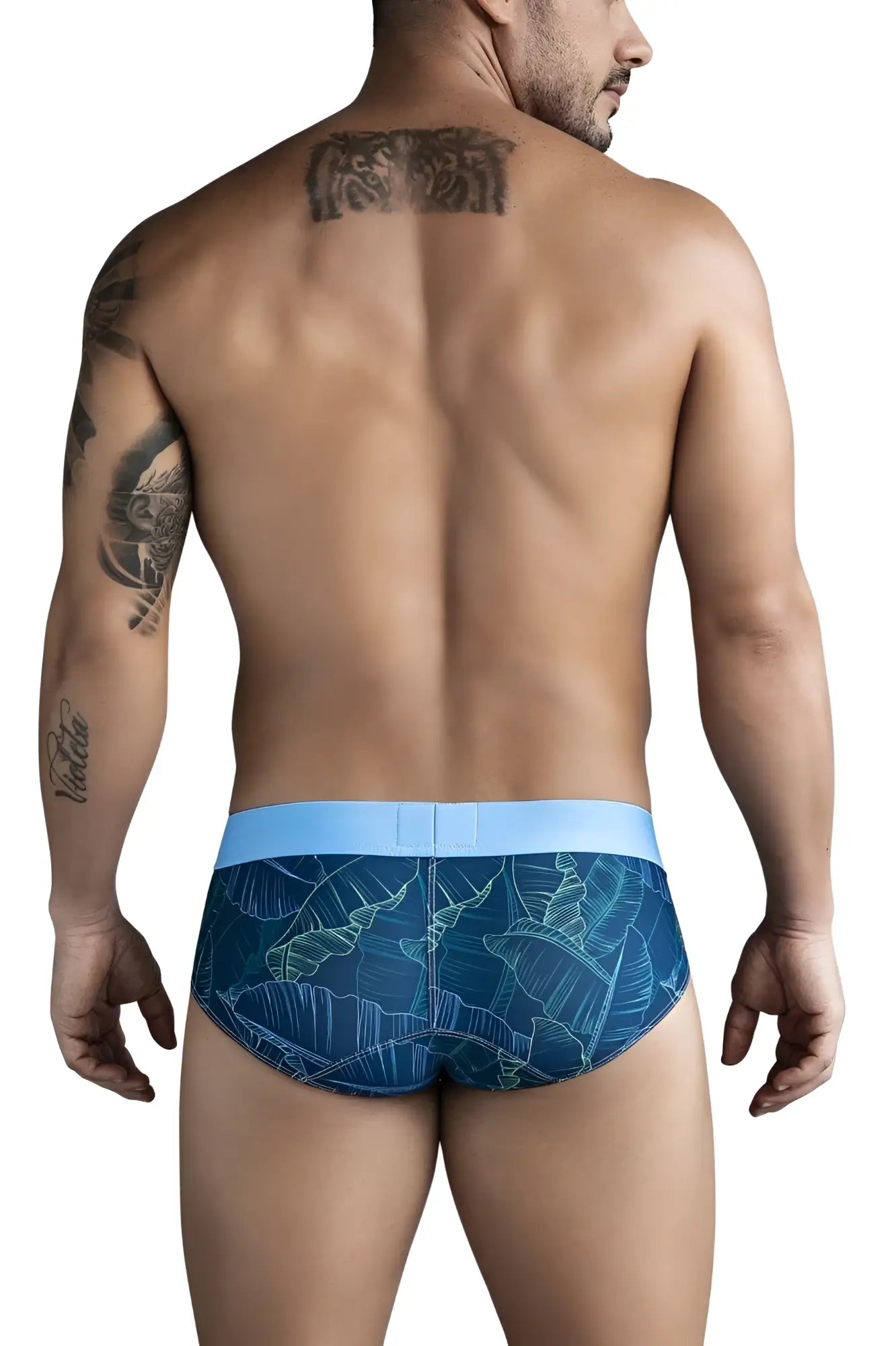 Clever 1728 shape briefs in dark blue with a blue tropical leaf pattern and light blue waistband for comfortable wear