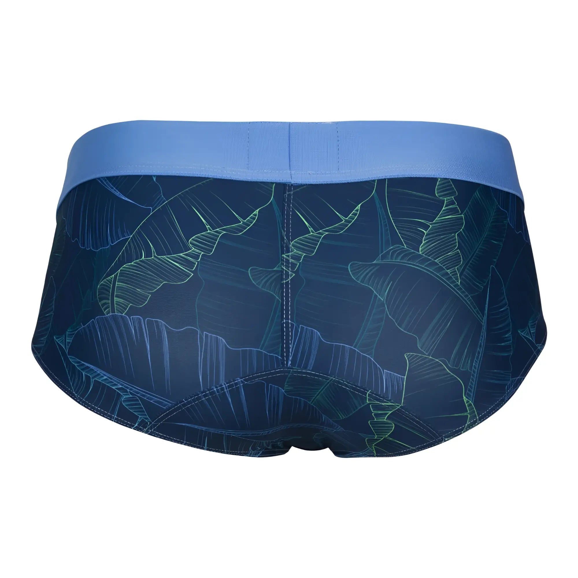Blue tropical leaf patterned clever 1728 shape briefs with a solid blue waistband for men