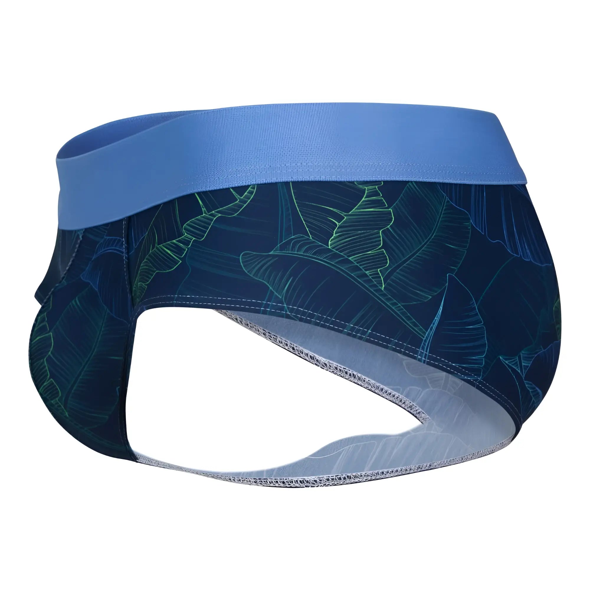 Blue waistband men’s briefs in dark navy fabric with glowing green banana leaf pattern clever 1728 shape briefs