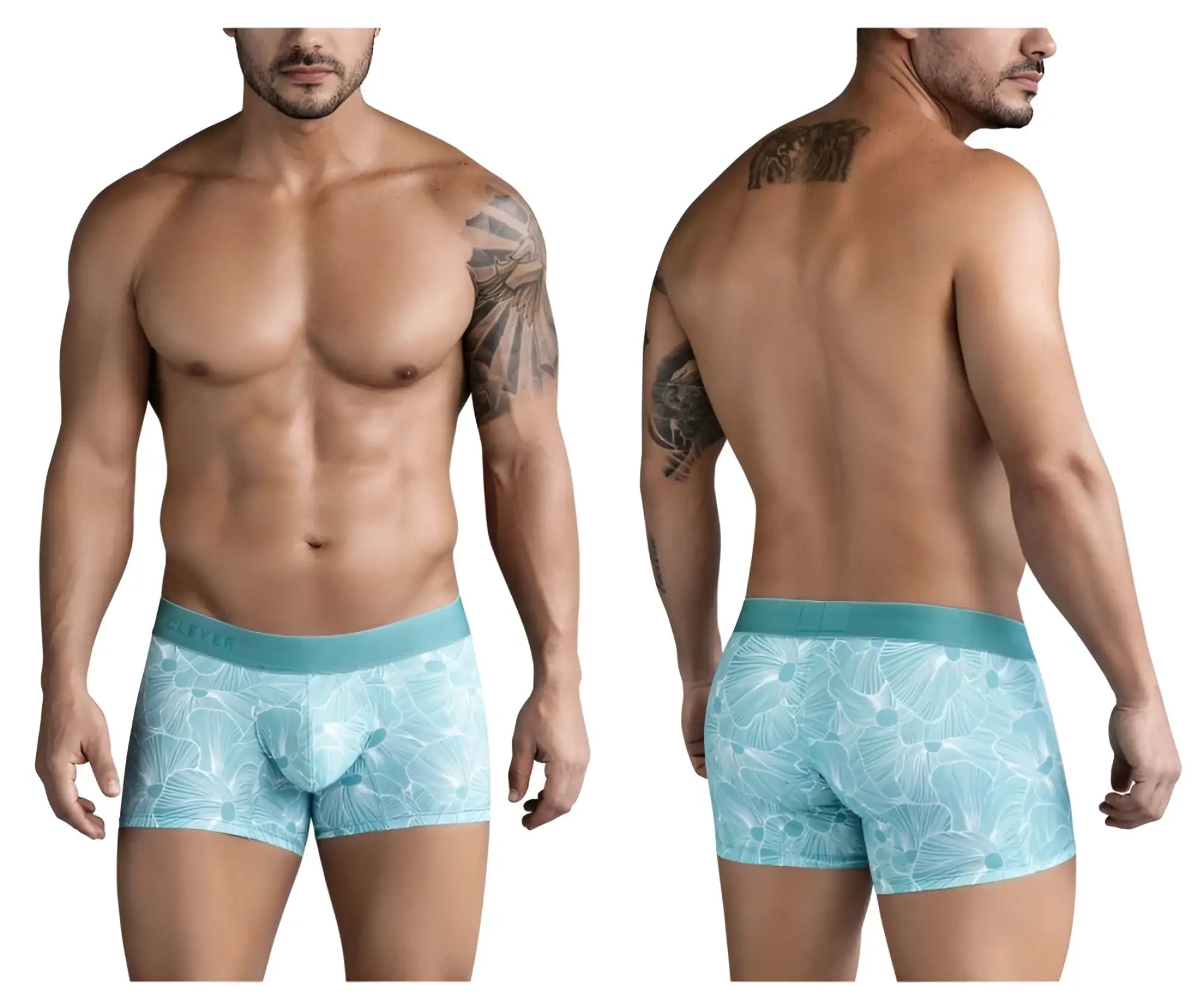 Light blue clever 1729 rose trunks boxer briefs with white leaf pattern and solid teal waistband