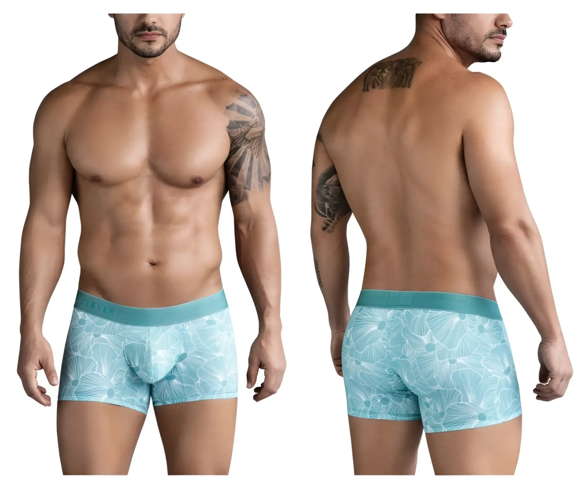 Light blue clever 1729 rose trunks boxer briefs with white leaf pattern and solid teal waistband