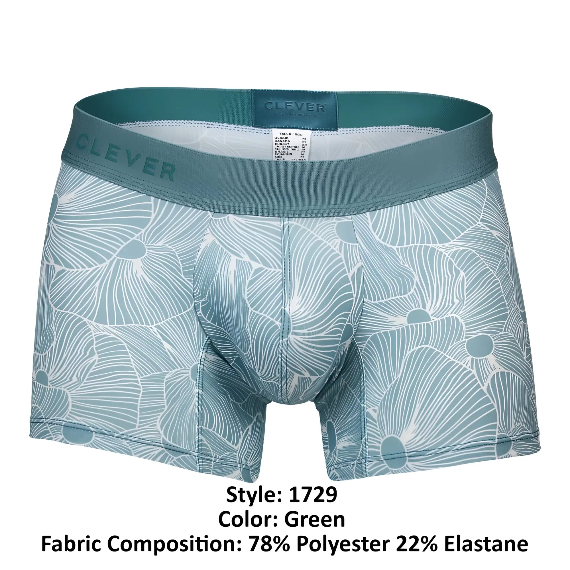 Teal-green clever 1729 rose trunks boxer briefs with white floral design and elastic waistband with brand label
