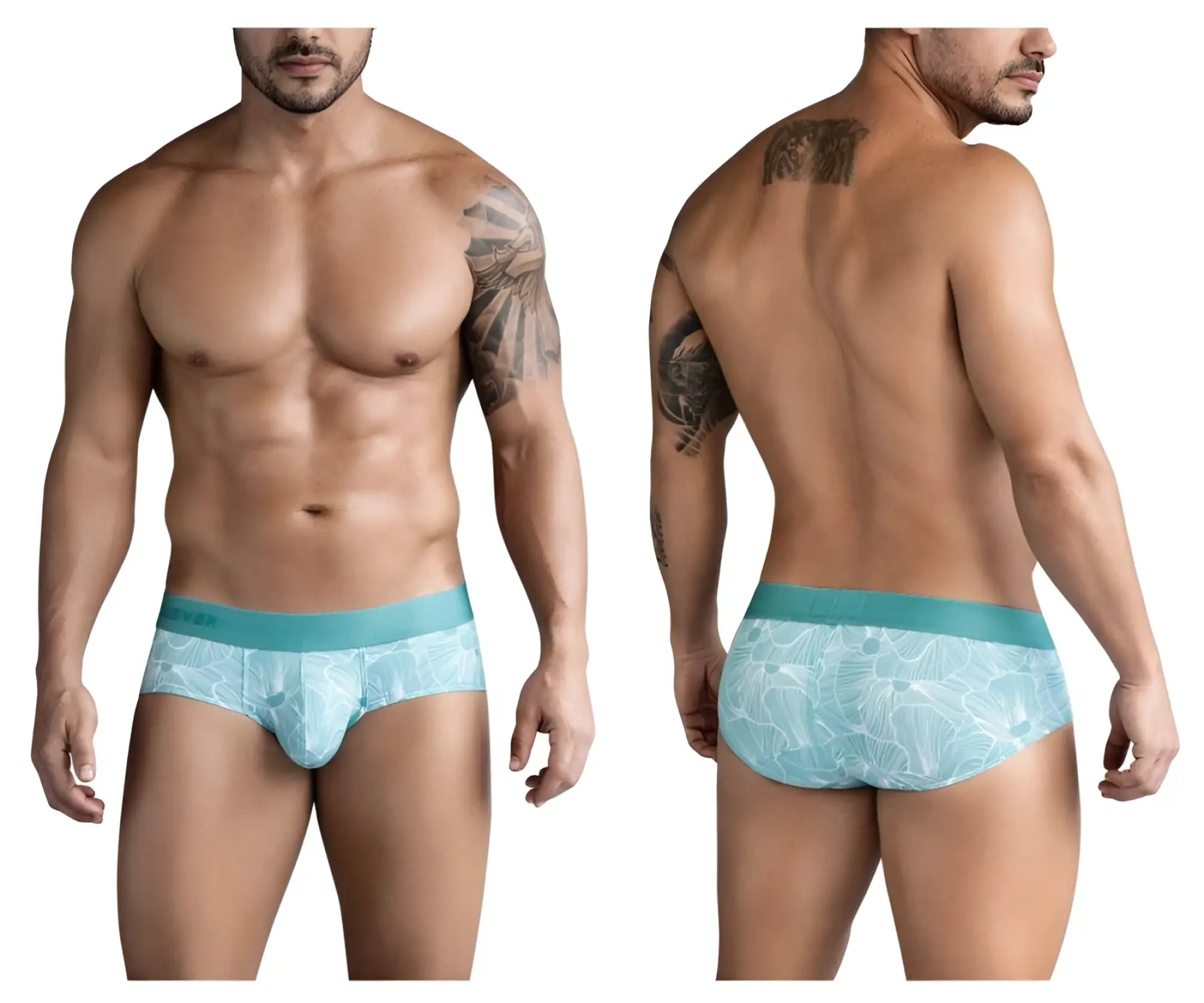 Light blue tropical leaf patterned men’s briefs with solid teal waistband clever 1730 rose briefs green
