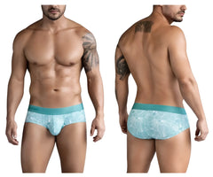 Light blue tropical leaf patterned men’s briefs with solid teal waistband clever 1730 rose briefs green