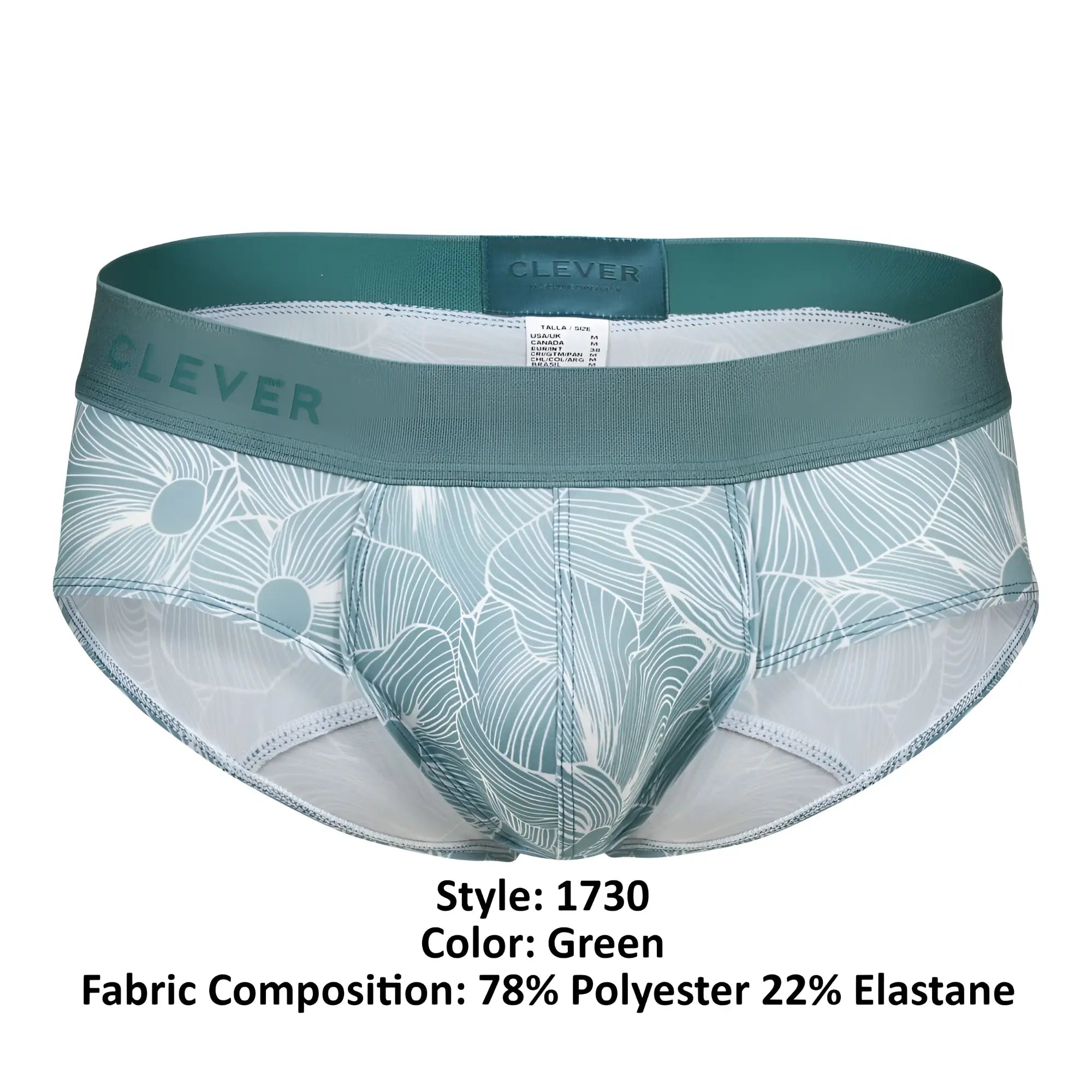 Green patterned briefs with a leaf design and elastic waistband from Clever 1730 Rose Briefs in color green