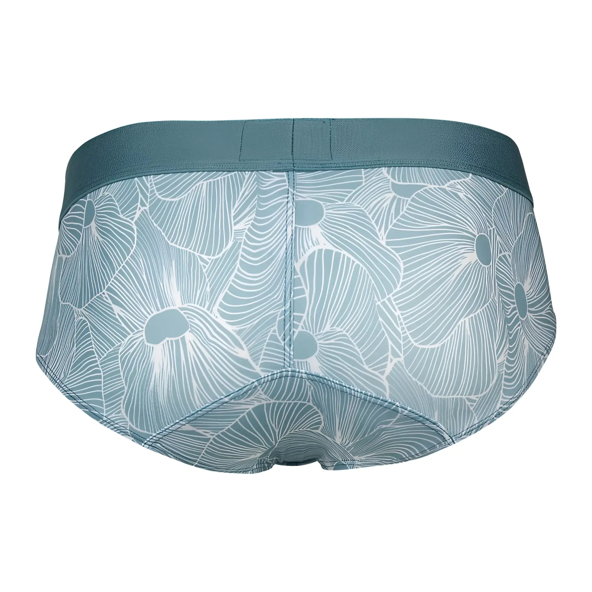 Teal floral patterned men’s briefs with matching elastic waistband from clever 1730 rose briefs color green