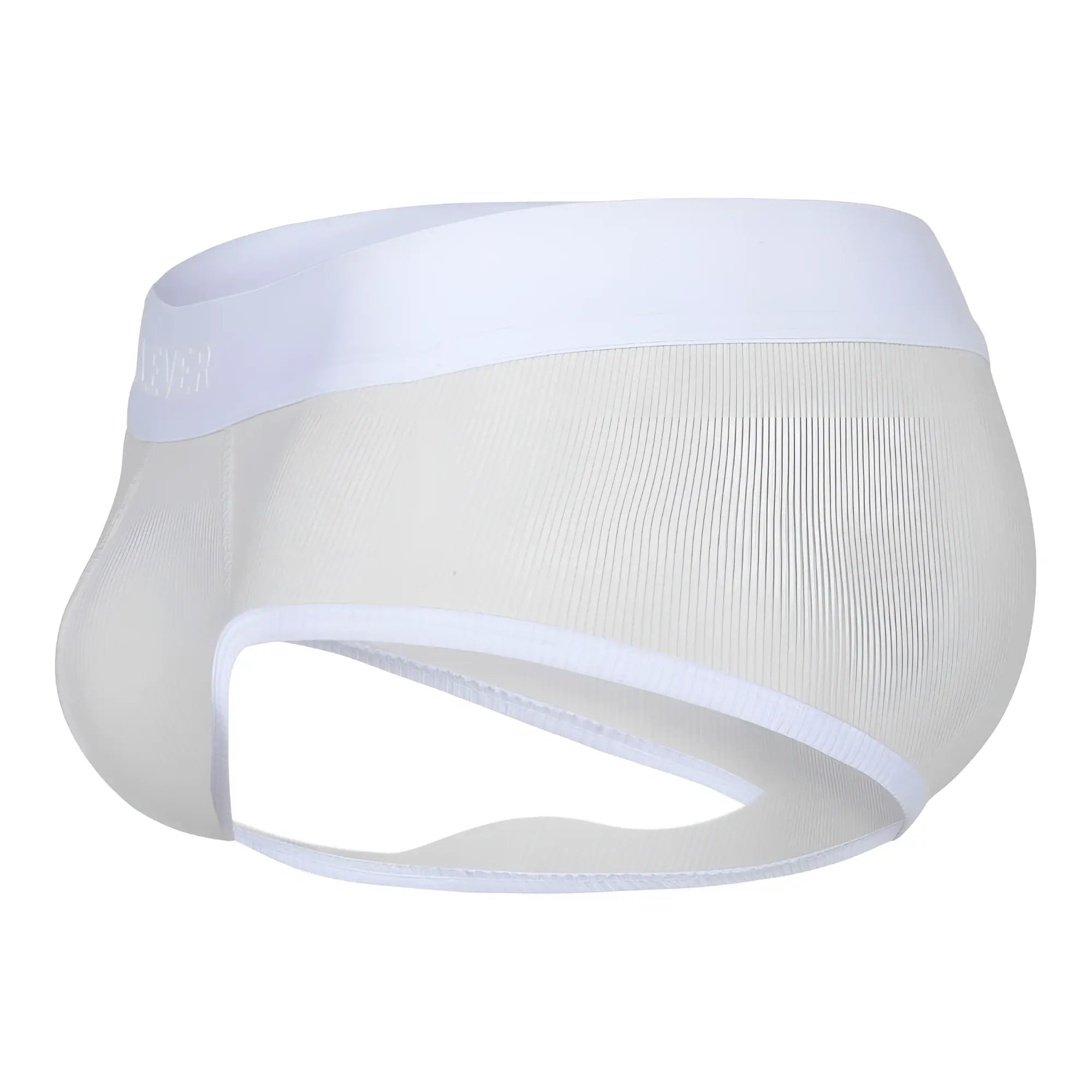 Beige clever 1733 briefs made of white mesh with solid white waistband and leg openings shown from the front