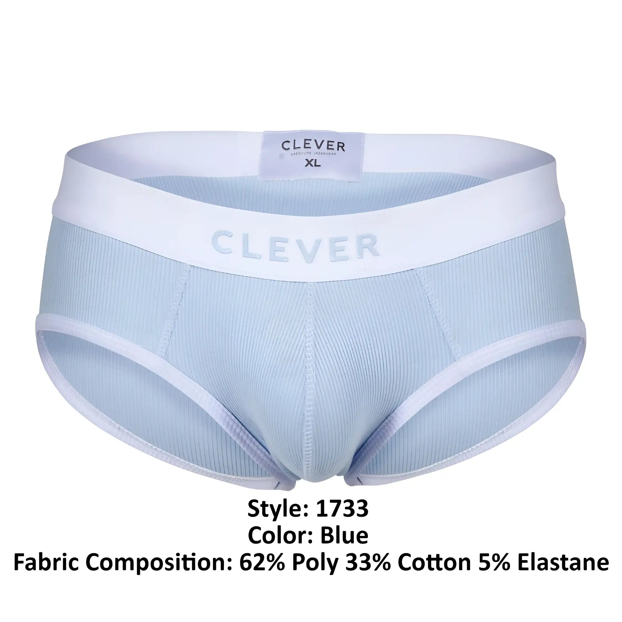 Light blue ribbed cotton briefs with white elastic waistband and trim featuring Clever brand logo in blue color