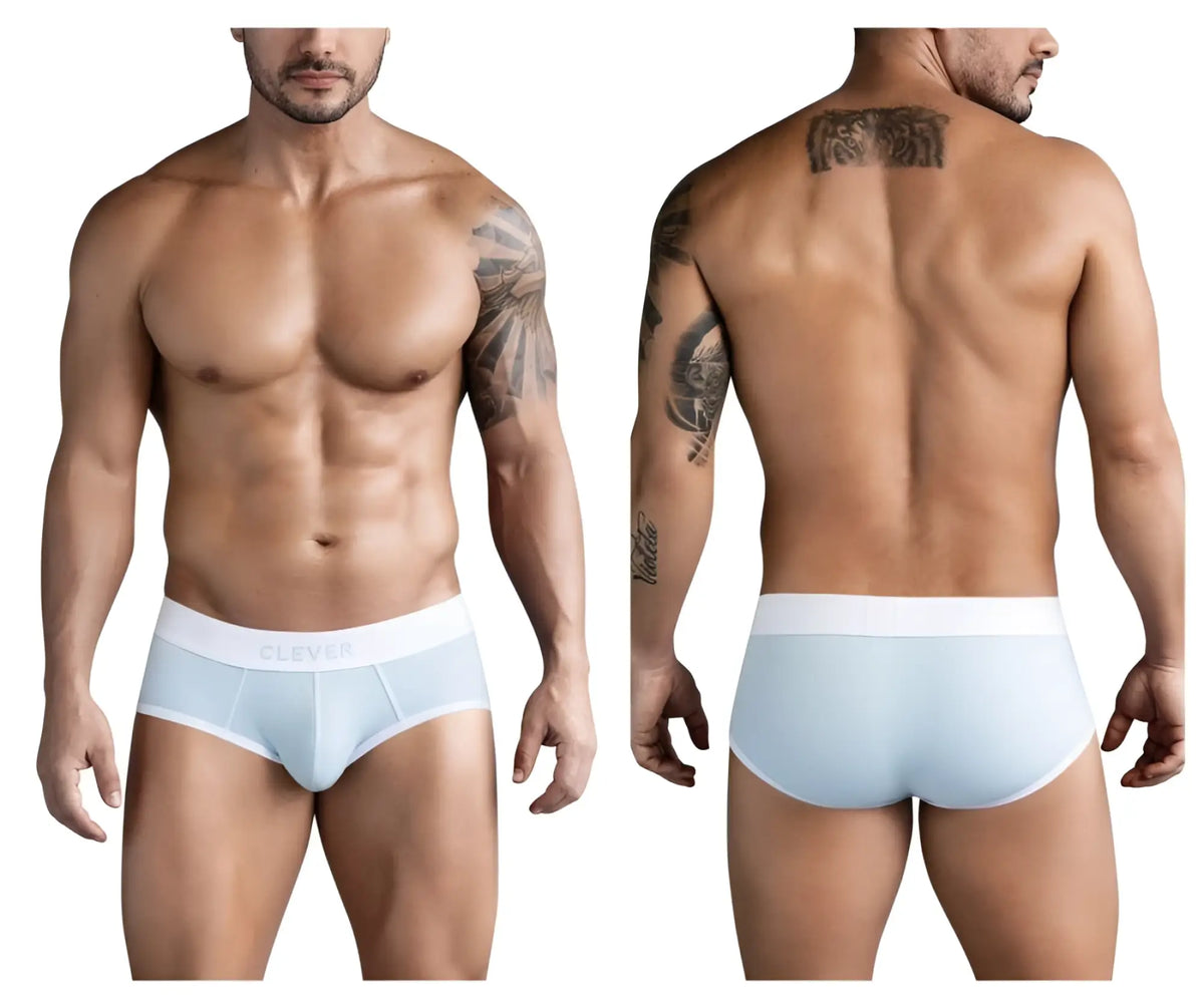 Light blue ribbed cotton briefs with white elastic waistband and clever branding from clever 1733 colors briefs collection