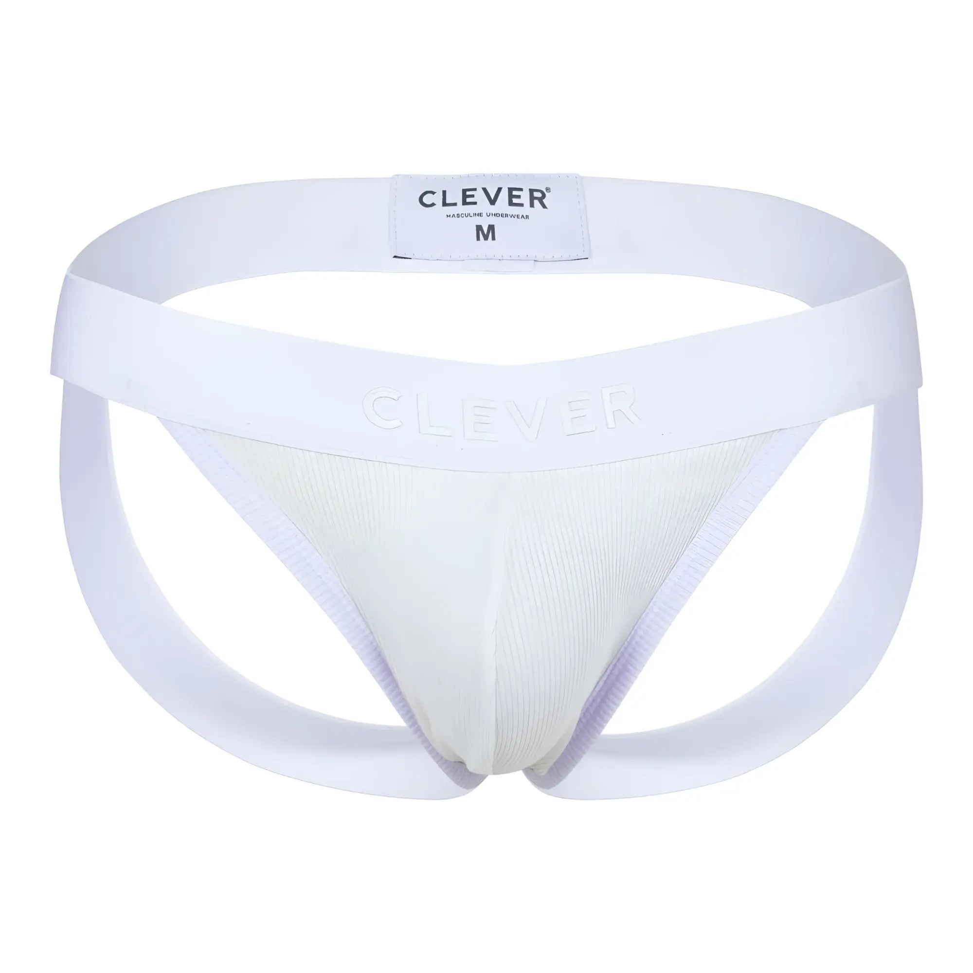 White clever brand men’s athletic briefs with supportive contoured design and beige elastic waistband front view
