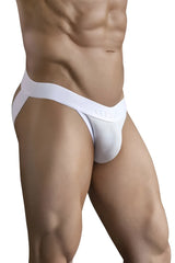White clever 1734 colors jockstrap with beige mesh front panel and solid waistband for comfortable support