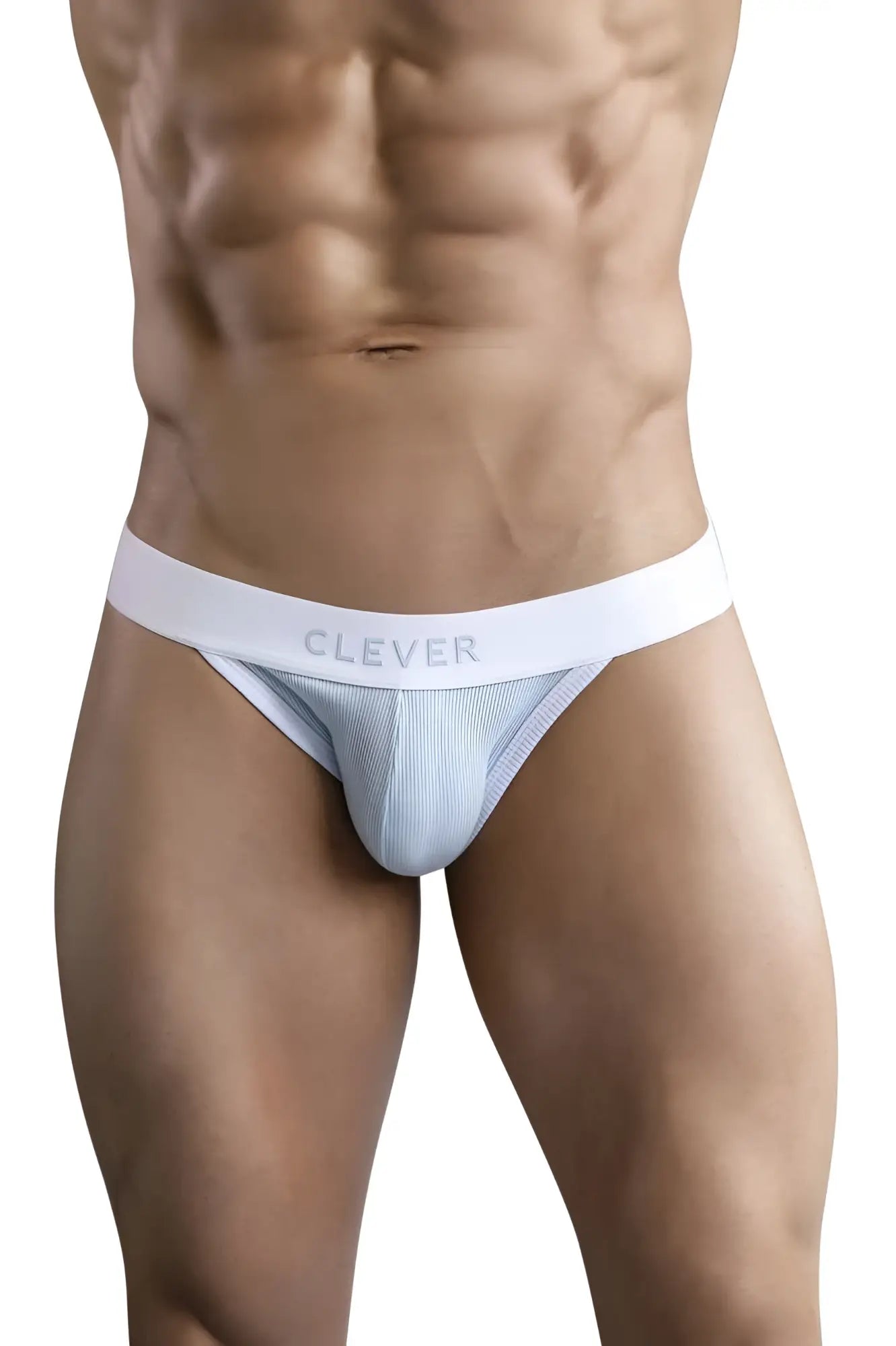 White and light blue ribbed cotton briefs with white waistband featuring clever brand name from clever 1734 colors jockstrap
