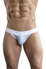 White and light blue ribbed cotton briefs with white waistband featuring clever brand name from clever 1734 colors jockstrap