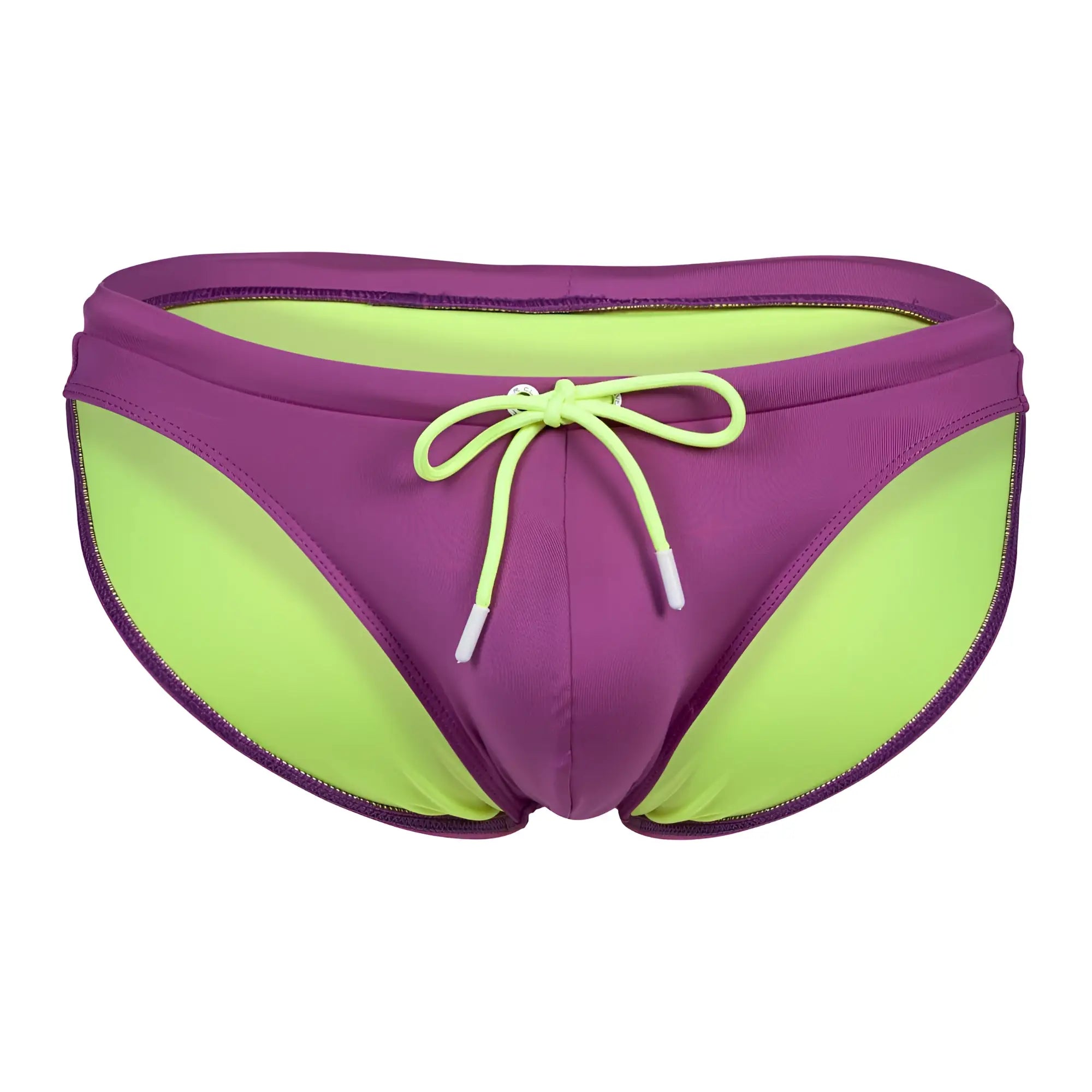 Purple and neon green clever 1735 vivo swim briefs with matching drawstring tie ideal for swimming and beachwear