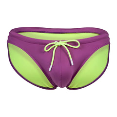 Purple and neon green clever 1735 vivo swim briefs with matching drawstring tie ideal for swimming and beachwear