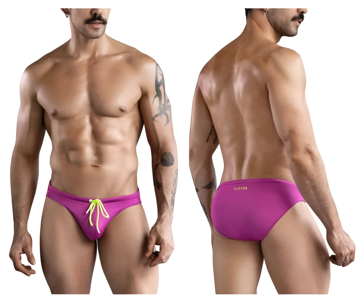 Clever 1735 vivo swim briefs in vibrant magenta with neon yellow drawstrings and subtle clever logo on waistband