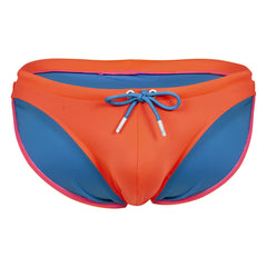 Clever 1735 Vivo swim briefs in vibrant orange and blue with pink trim and adjustable drawstring tie