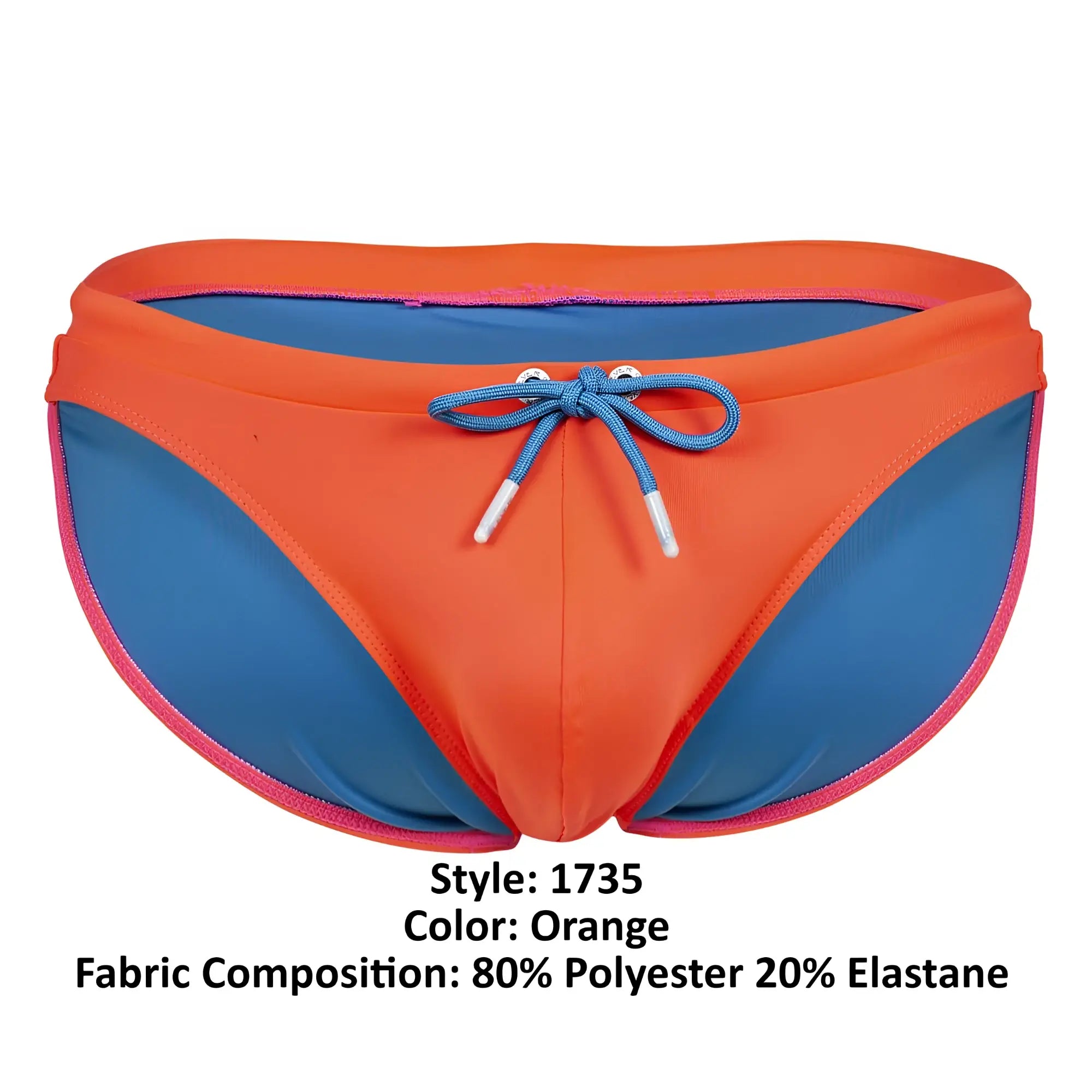 Clever 1735 vivo swim briefs in vibrant orange and blue with a matching front drawstring tie for swimwear use