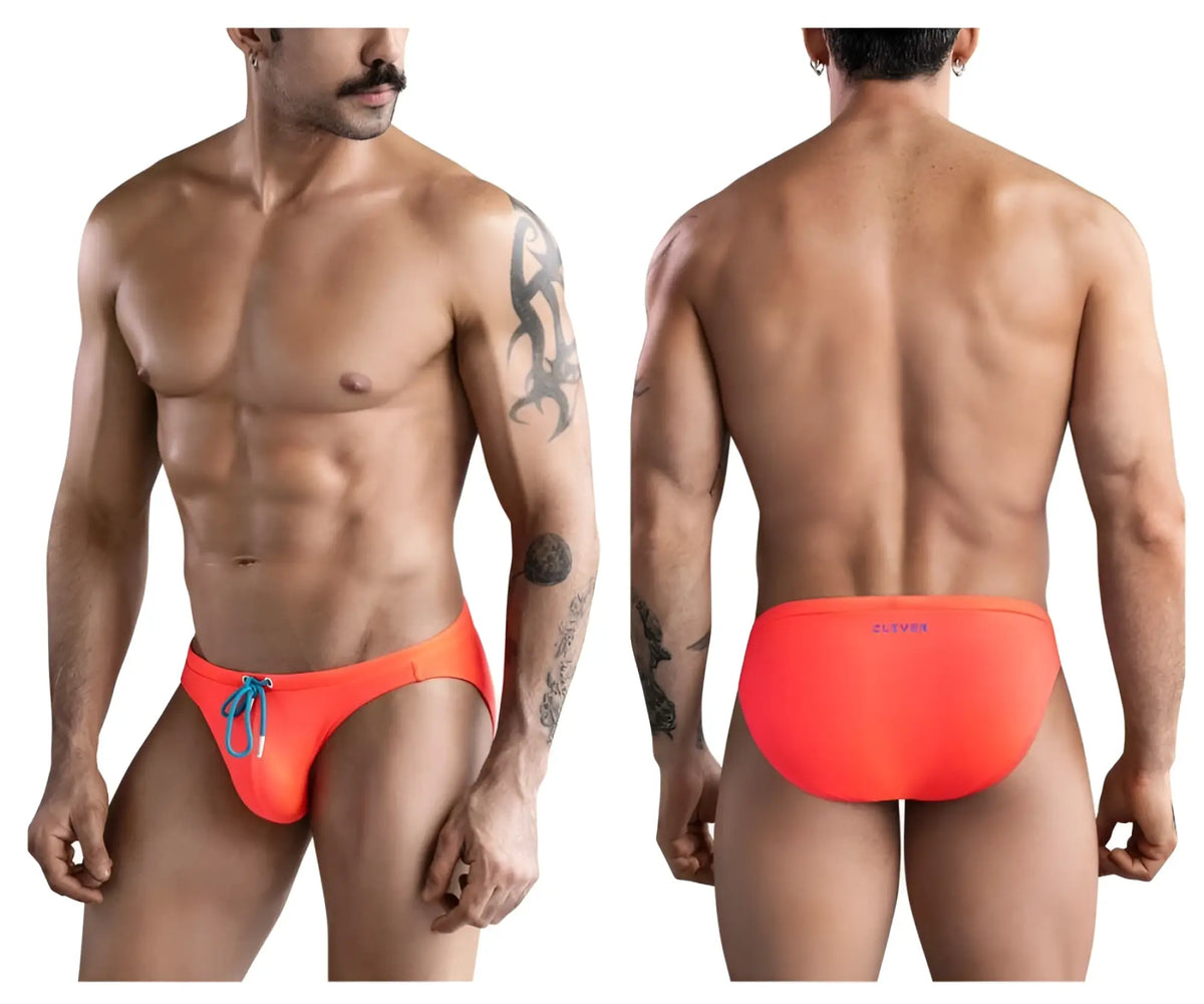 Vibrant orange clever 1735 vivo swim briefs with blue drawstring designed for swimming and beach use