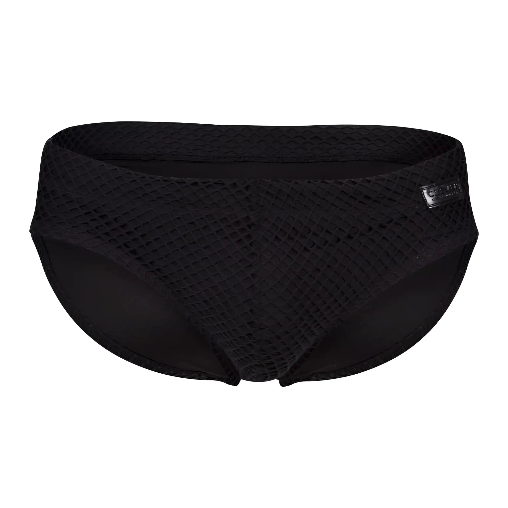 Black mesh clever 1743 island swim briefs with sleek textured pattern and subtle brand tag on the side