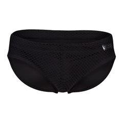Black mesh clever 1743 island swim briefs with sleek textured pattern and subtle brand tag on the side