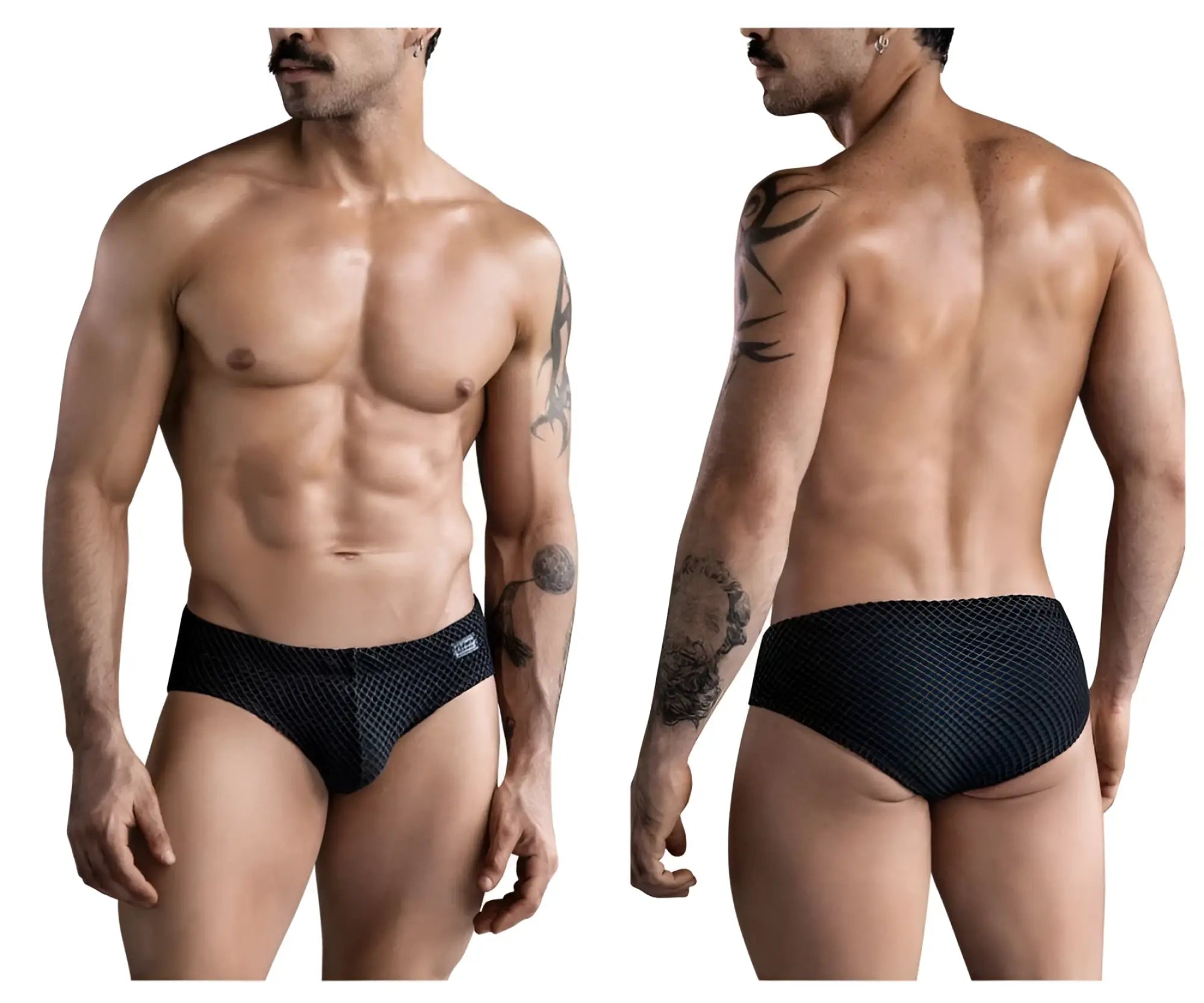 Black clever 1743 island swim briefs featuring textured fabric subtle pattern and small brand tag on the waistband