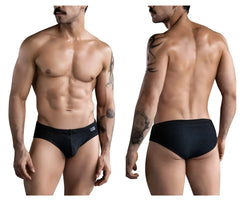 Black clever 1743 island swim briefs featuring textured fabric subtle pattern and small brand tag on the waistband