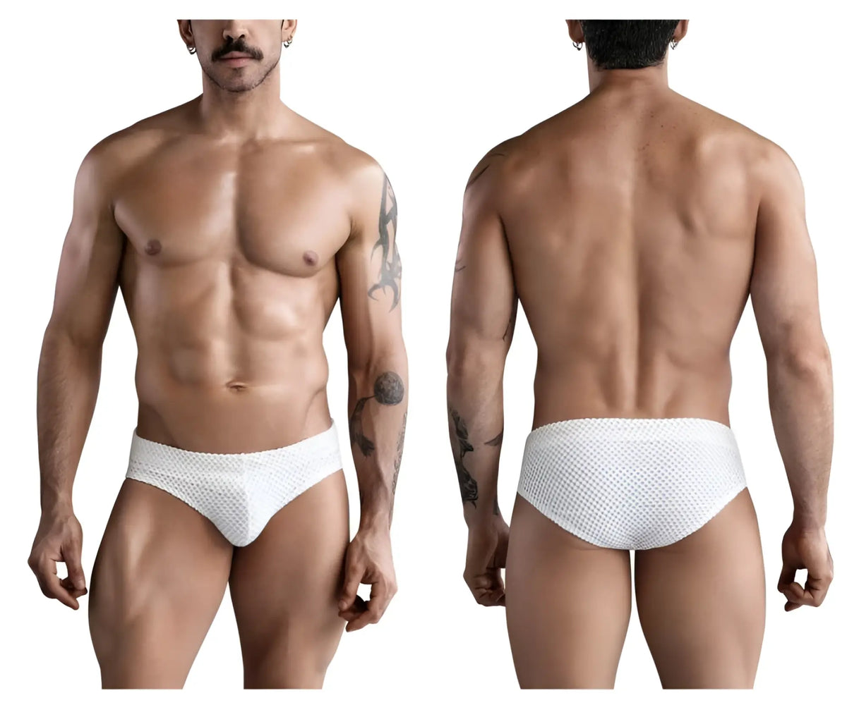 White clever 1743 island swim briefs with breathable textured mesh fabric designed for comfortable swimwear use