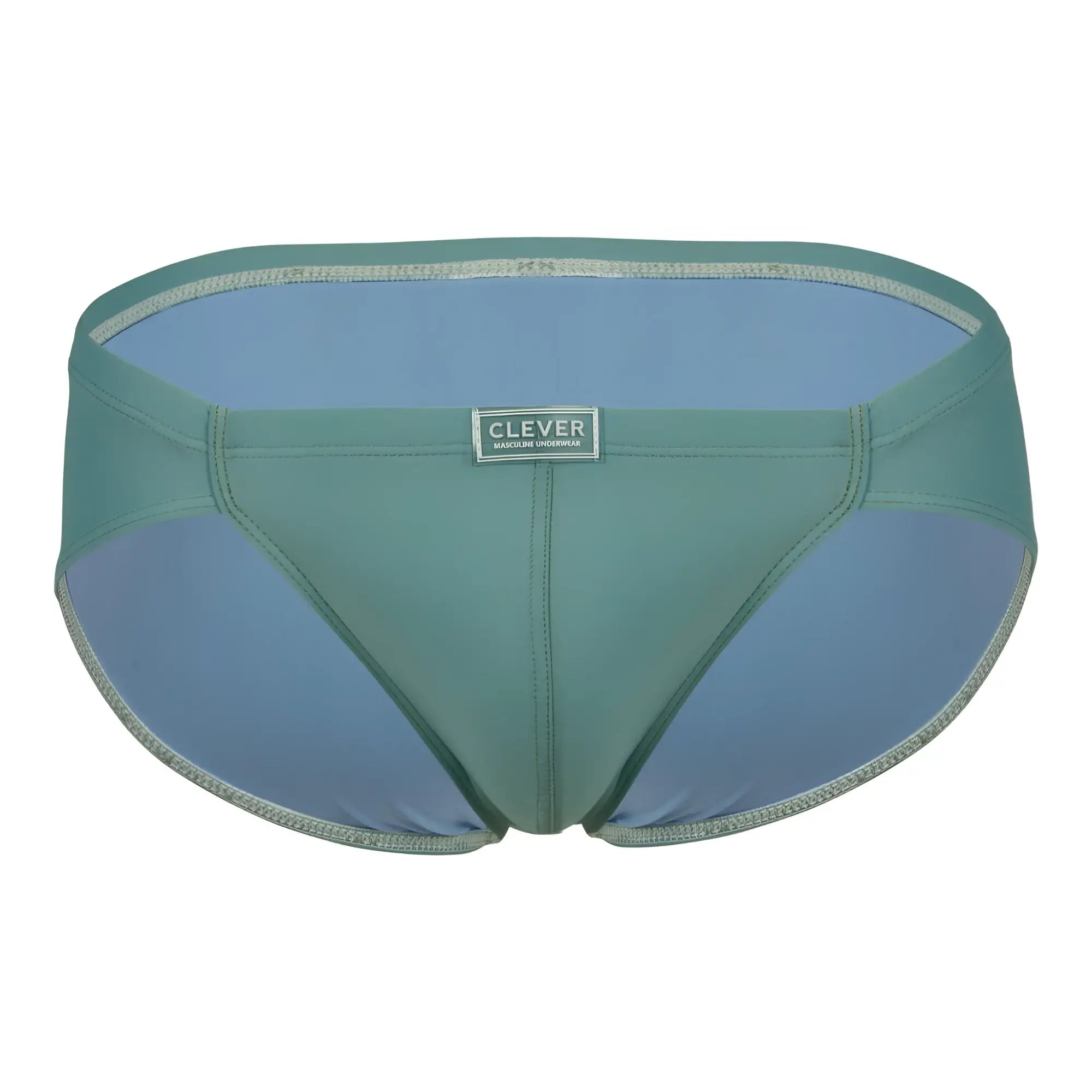 Teal and light blue two-tone men’s briefs with silver trim clever 1744 spring briefs color green front view