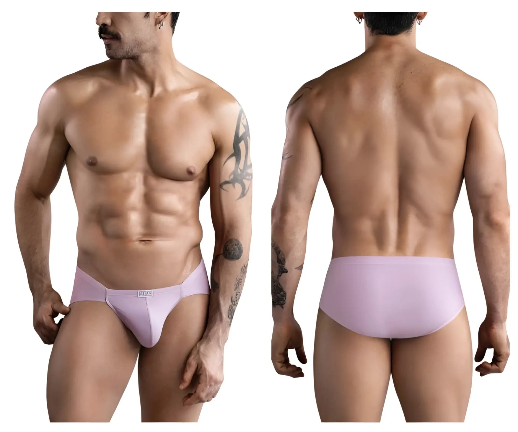 Lavender-colored smooth textured men’s briefs with subtle brand logo on waistband in clever 1744 spring briefs light pink