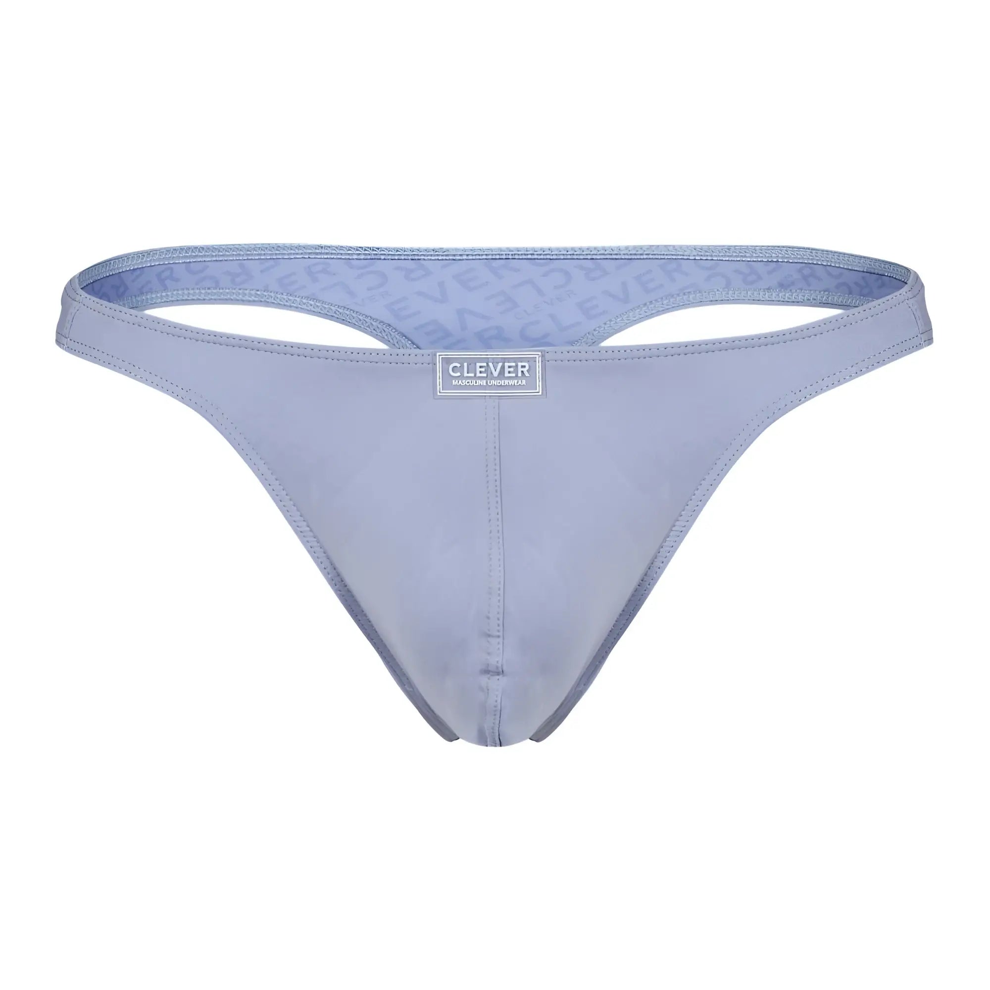 Light blue clever 1745 optimo thong made of smooth stretchy fabric with subtle repeating logo pattern on inner lining